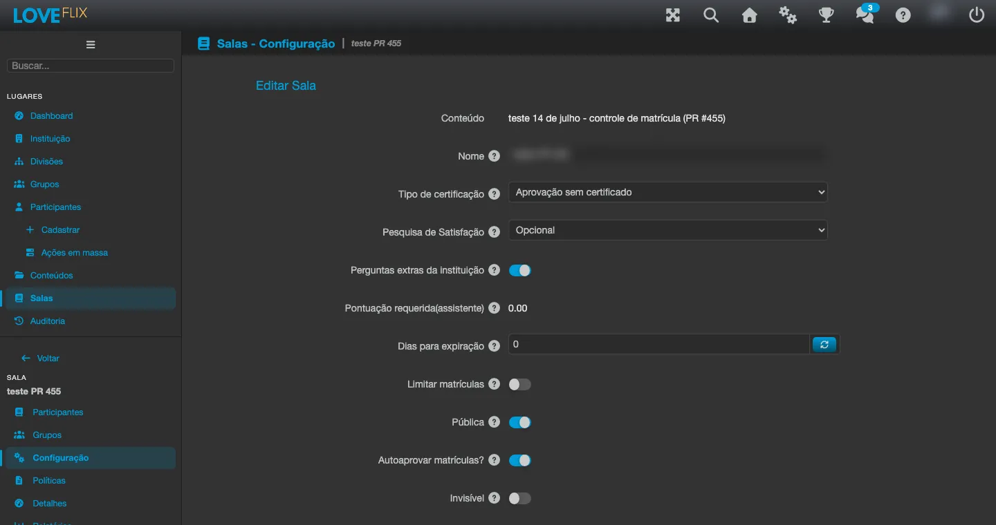 Pantalla Editar Sala, con los campos de nombre, certificación, plazo de expiración y las opciones de acceso
