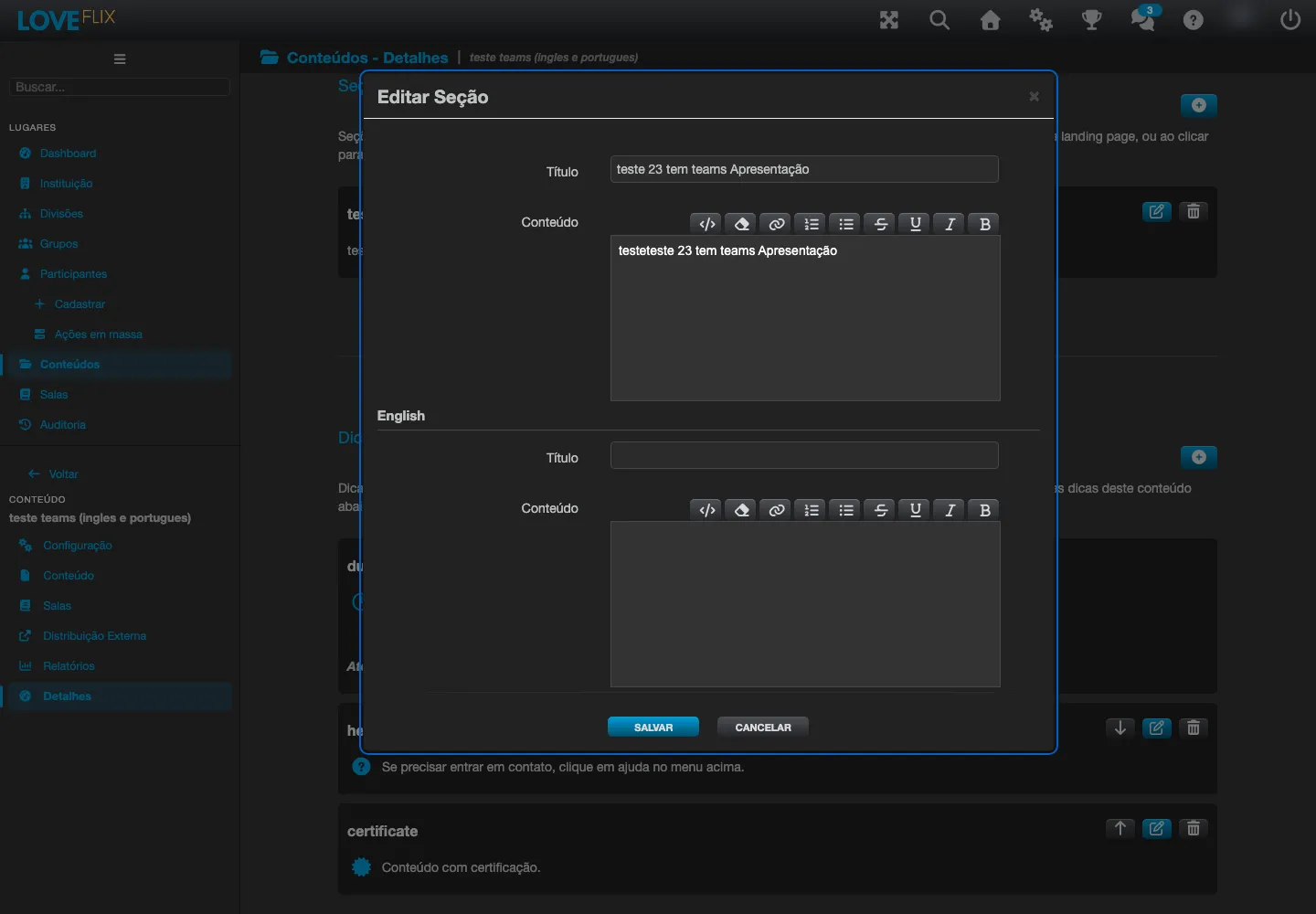 Modal Editar Sección con el campo Título y Contenido en portugués, y bloques idénticos abajo para Français, Español y English