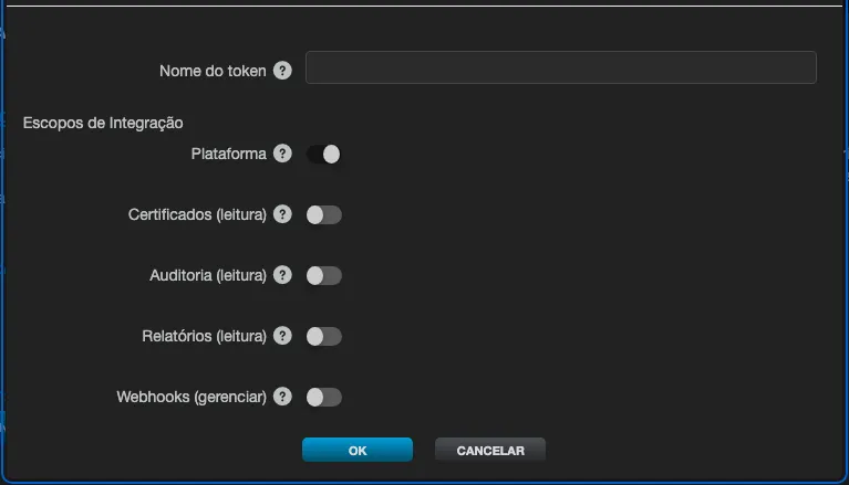 Create New Token window, with the Integration Scopes list and the Webhooks (manage) option among them, off by default