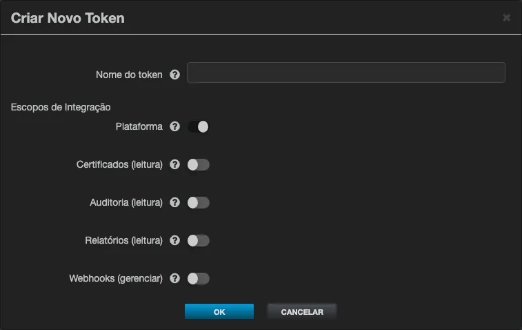 Janela Criar Novo Token, com a lista Escopos de Integração e a opção Webhooks (gerenciar) entre elas, todas desligadas por padrão