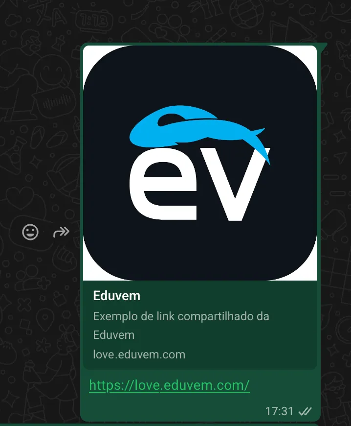 Exemplo de prévia de link da Eduvem em uma conversa do WhatsApp, com imagem, título, descrição e endereço da plataforma
