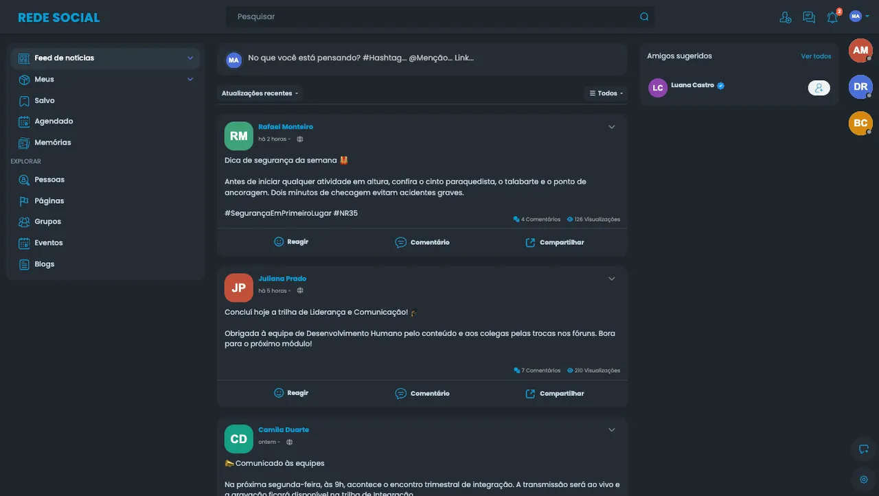 Feed de notícias da comunidade, com a caixa No que você está pensando no alto, publicações com os botões Reagir, Comentário e Compartilhar, o menu lateral com Explorar e o quadro Amigos sugeridos à direita