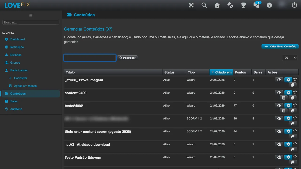 Pantalla Gestionar Contenidos, listando los contenidos de la institución con estado, tipo y salas, y el botón Crear Nuevo Contenido