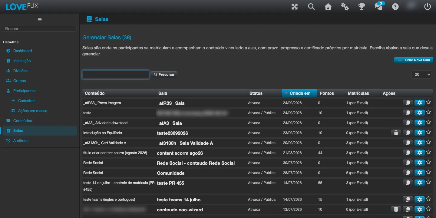 Pantalla Gestionar Salas, listando las salas con contenido, estado y matrículas, y el botón Crear Nueva Sala