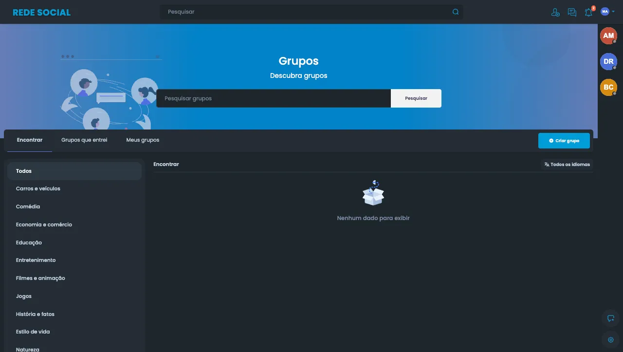 Página Grupos, com a busca Pesquisar grupos, as abas Encontrar, Grupos que entrei e Meus grupos, o botão Criar grupo e a lista de categorias à esquerda