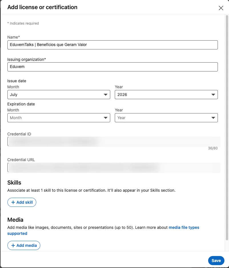 Formulário de certificação do LinkedIn, preenchido com o nome do curso, a instituição emissora, o mês e o ano de conclusão, o identificador e o endereço de verificação do certificado