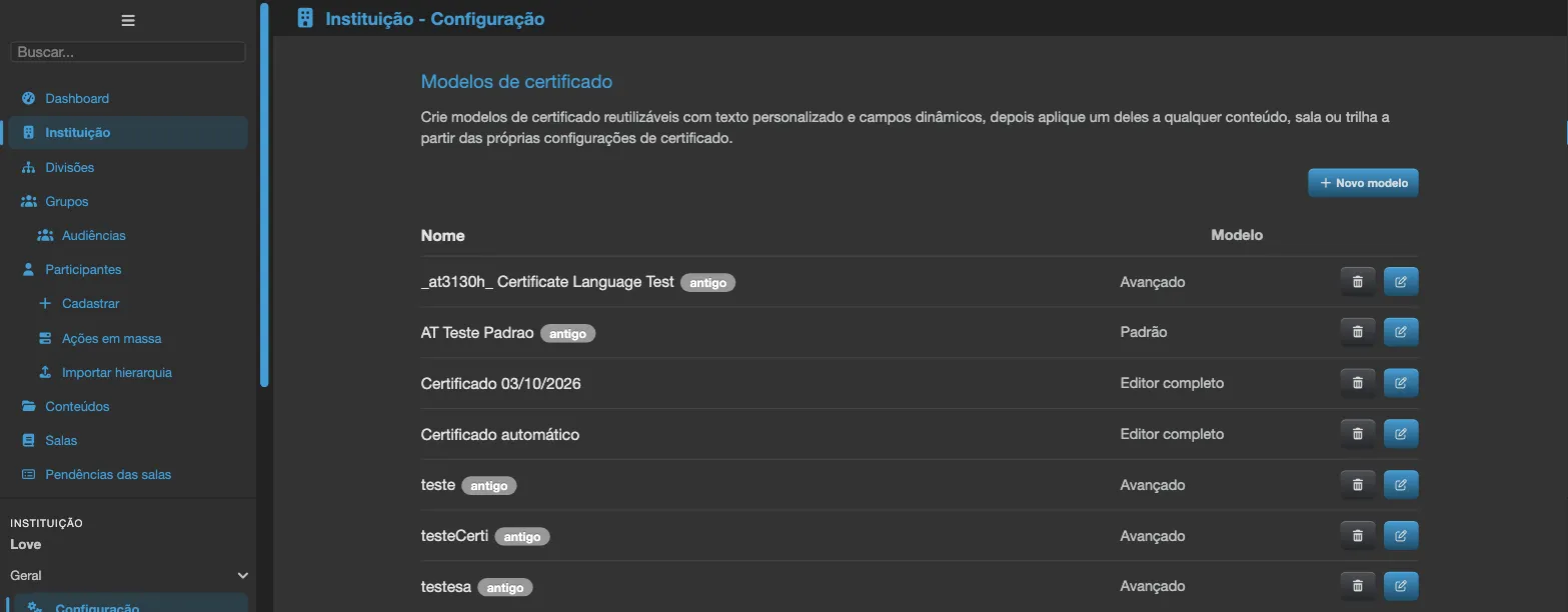 Aba Modelos de Certificado com o botão Novo modelo e a lista de modelos: os feitos no editor completo mostram Editor completo na coluna Modelo, e os do formulário anterior trazem o selo antigo