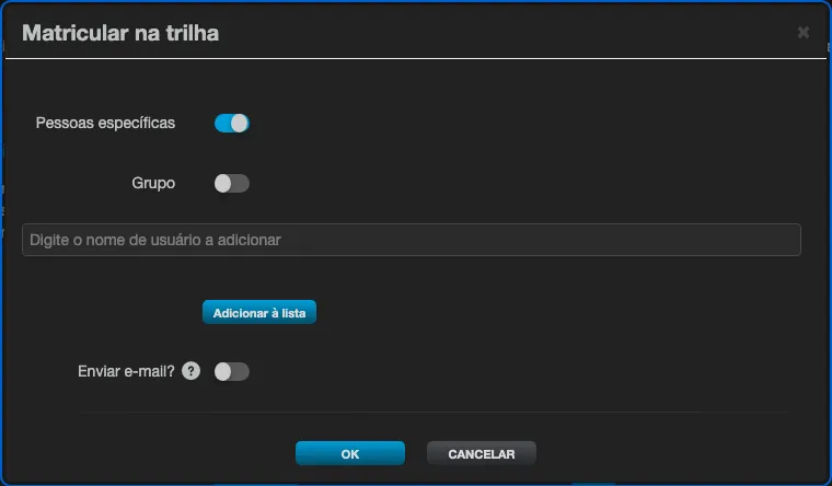 Enroll in track window, with the Specific people and Group options, the search field and the Send e-mail? option