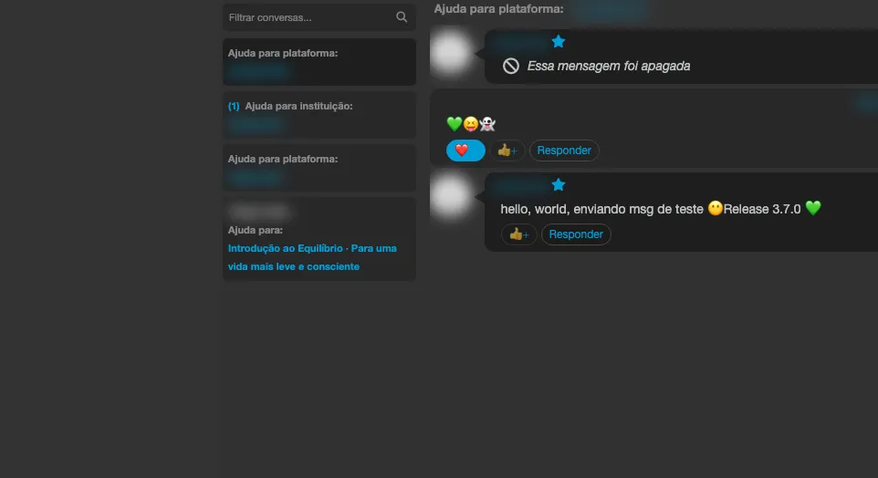 Painel Mensagens, com a lista de conversas a esquerda, mensagens com emojis e etiquetas de reação com a contagem, e o campo de envio com o botão de emoji a direita