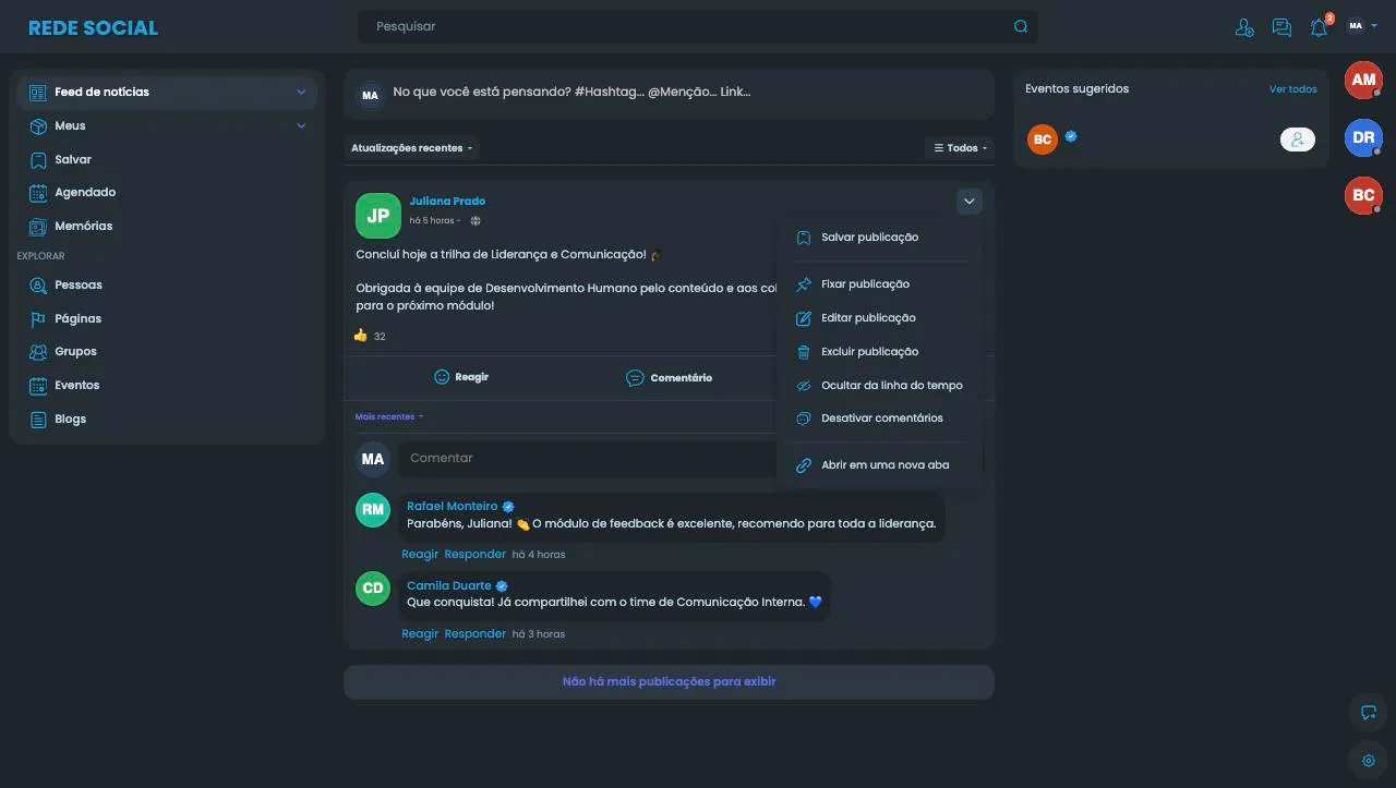 Menu de uma publicação aberto para um moderador, com as opções Salvar publicação, Fixar publicação, Editar publicação, Excluir publicação, Ocultar da linha do tempo, Desativar comentários e Abrir em uma nova aba