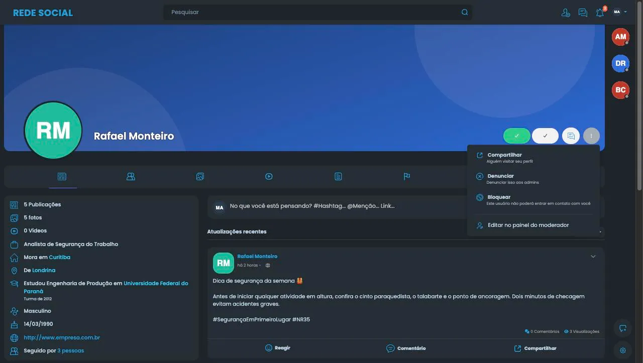Perfil de um membro com o menu ⋮ aberto, mostrando as opções Compartilhar, Denunciar, Bloquear e, para o moderador, Editar no painel do moderador