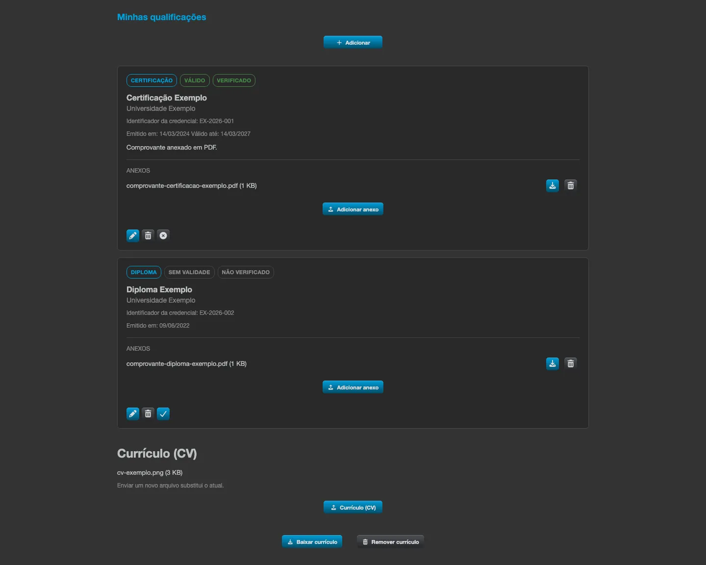 Aba Qualificações do perfil do participante, com uma qualificação do tipo Certificação e outra do tipo Diploma, cada uma com comprovante em PDF anexado, e a seção Currículo (CV) abaixo com os botões Baixar currículo e Remover currículo