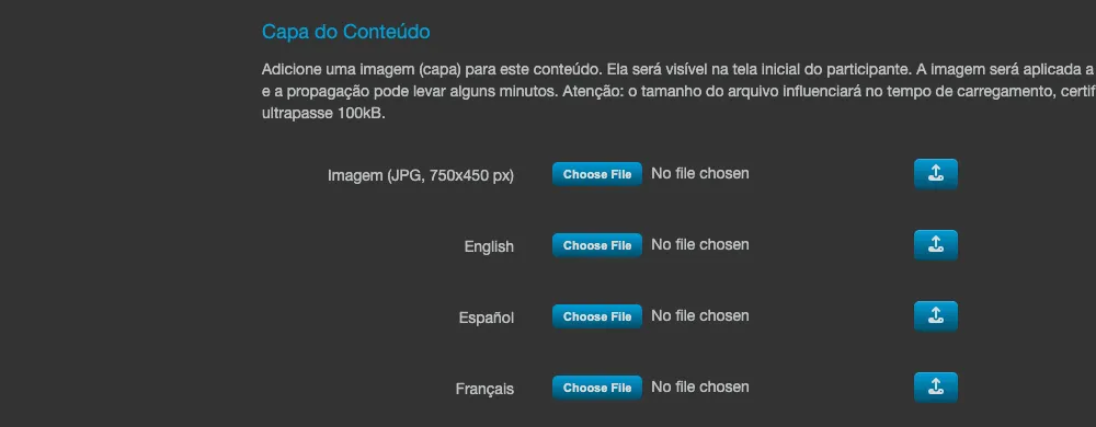 Sección Portada del Contenido en la pestaña Detalles, mostrando una línea de carga de imagen para el idioma base y una línea adicional para cada idioma - fr, - es y - en