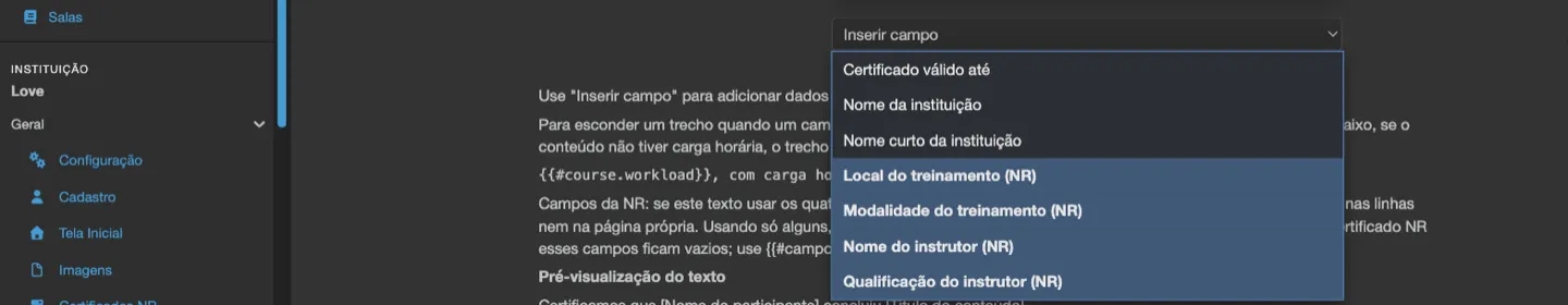 Menu Inserir campo do editor de modelo de certificado, aberto nos quatro campos da NR: Local, Modalidade, Nome do instrutor e Qualificação do instrutor do treinamento