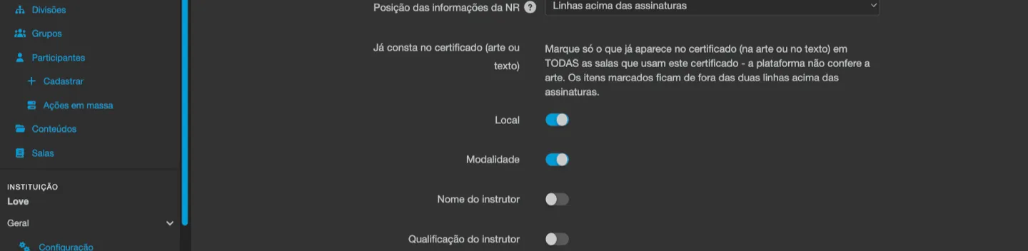 Modelo de certificado Avançado com Posição das informações da NR em Linhas acima das assinaturas e as caixas Local e Modalidade marcadas em Já consta no certificado
