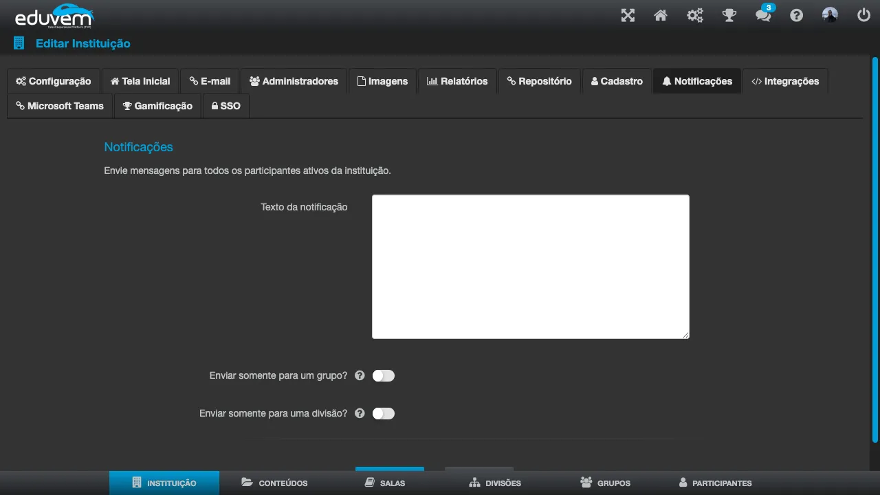 Tela Notificações, com o campo de texto do aviso e as opções de enviar somente para um grupo ou uma divisão