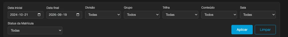 Barra de filtros del panel, con Fecha inicial, Fecha final, División, Grupo, Ruta, Contenido, Sala y Estado de la Matrícula, y los botones Aplicar y Limpiar