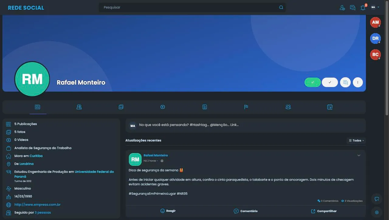 Perfil de um membro, com foto, capa, as informações à esquerda e as publicações dele à direita