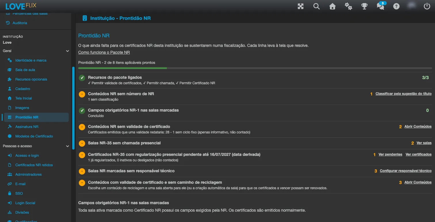 Lista de prontidão NR com a barra de progresso e os itens Concluído, Pendente e Não se aplica, cada um com o link para a tela que resolve