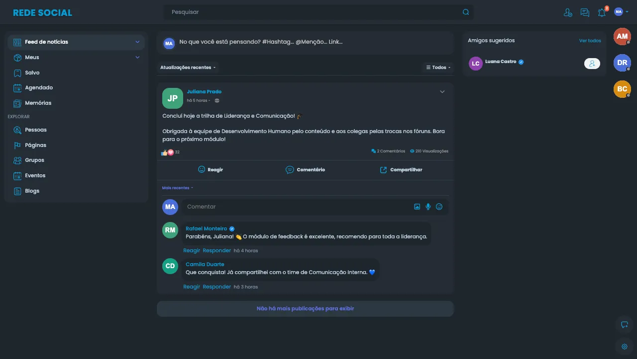Publicação com 32 reações (curtir e amei) e dois comentários, a caixa Comentar e, em cada comentário, as opções Reagir e Responder