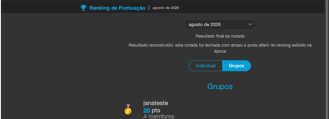 Seletor de rodada mostrando uma rodada passada, com o troféu ao lado do grupo vencedor e a legenda Resultado final da rodada