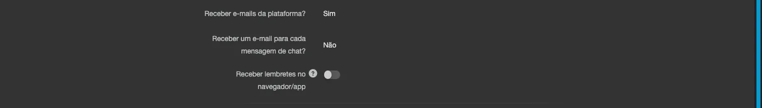 Perfil com o switch Receber lembretes no navegador/app, abaixo das opções de e-mail