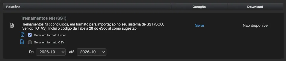 Linha Treinamentos NR (SST) na aba Relatórios da instituição, com as opções Gerar em formato Excel e Gerar em formato CSV, o período De e até e o link Gerar