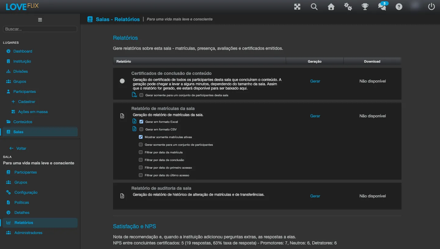 Aba Relatórios da Sala, com a linha de resultado da pesquisa mostrando a nota NPS, o número de respostas, a taxa de resposta e a divisão entre promotores, neutros e detratores