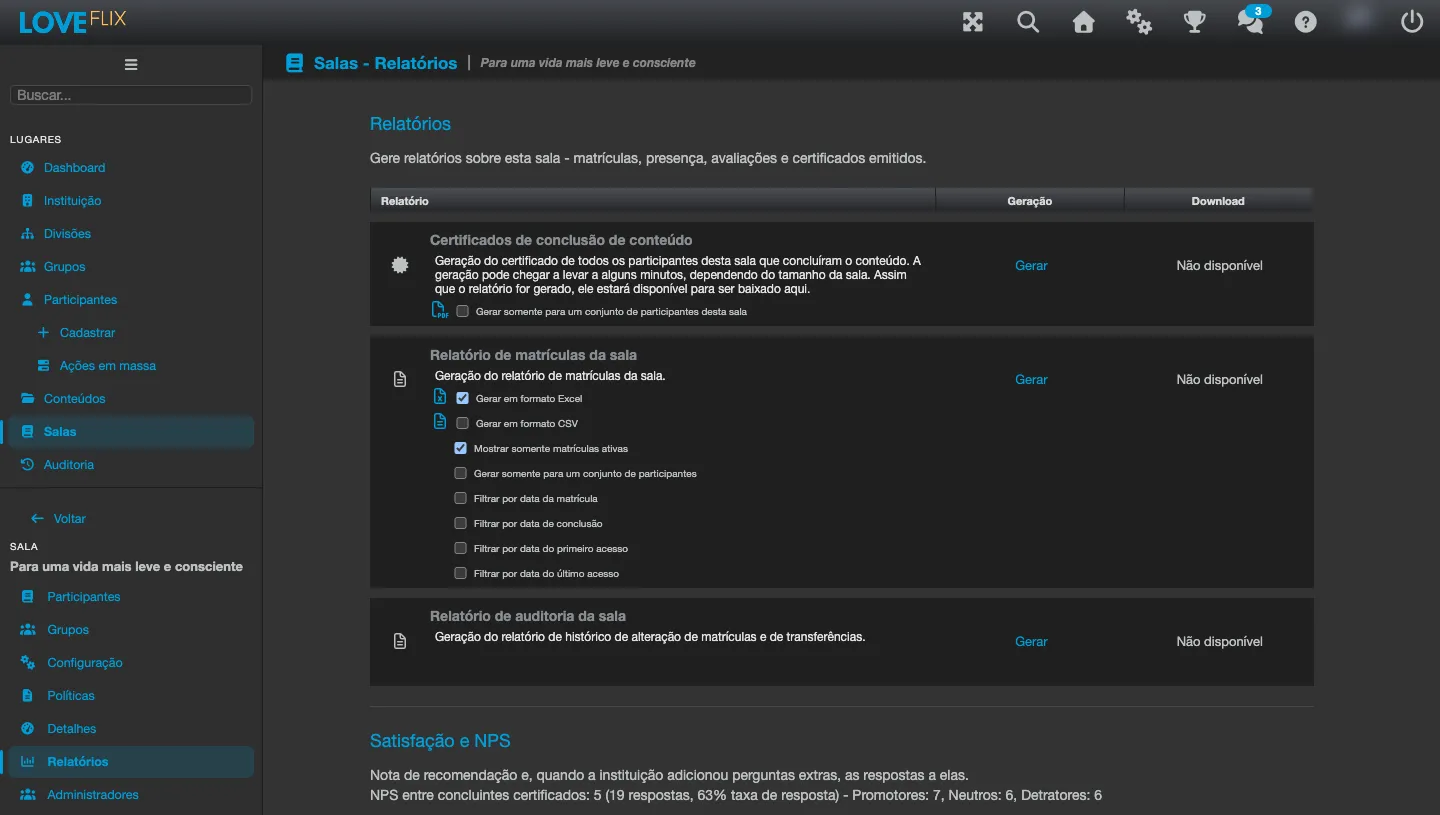 Pestaña Informes de la Sala, con la fila de resultado de la encuesta mostrando la nota NPS, el número de respuestas, la tasa de respuesta y la división entre promotores, neutros y detractores