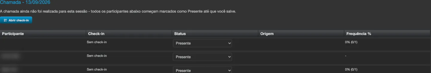 Lista de participantes en la pantalla de asistencia, con la columna Asistencia % junto a Origen