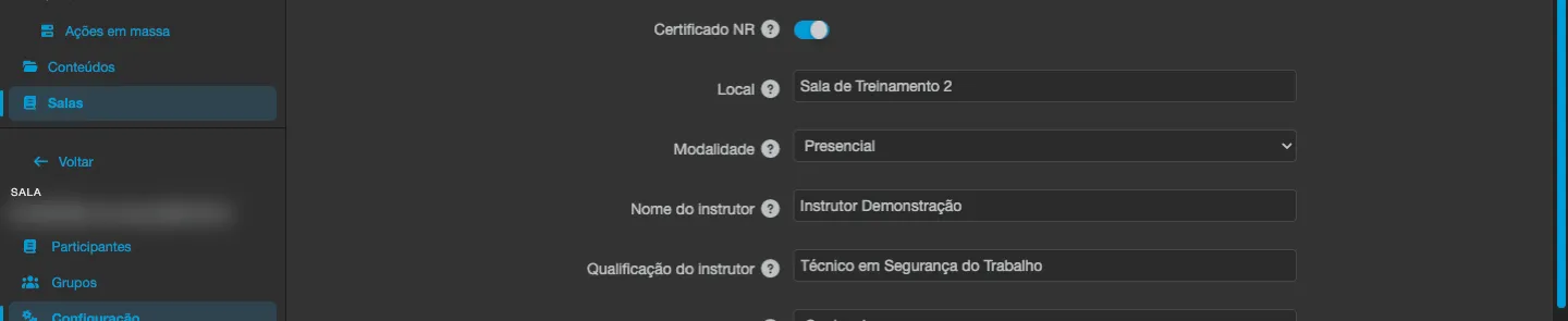 Configuração da sala com Certificado NR ativado e os campos Local, Modalidade, Nome do instrutor e Qualificação do instrutor preenchidos