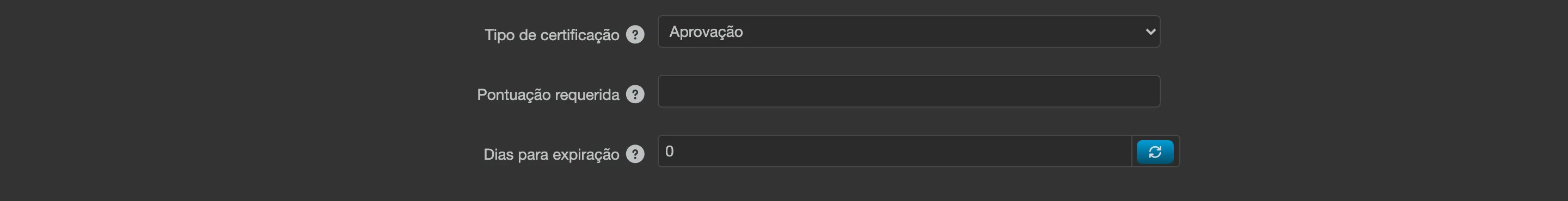 Aba Configuração da sala, com o campo Tipo de certificação e a opção Aprovação selecionada