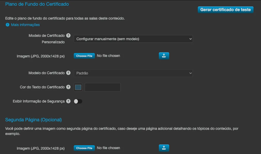 Seção Plano de Fundo do Certificado na aba Detalhes de um conteúdo: Modelo de Certificado Personalizado com o botão de pré-visualização, envio da imagem, Modelo do Certificado, Cor do Texto do Certificado, Exibir Informação de Segurança e Segunda Página (Opcional)