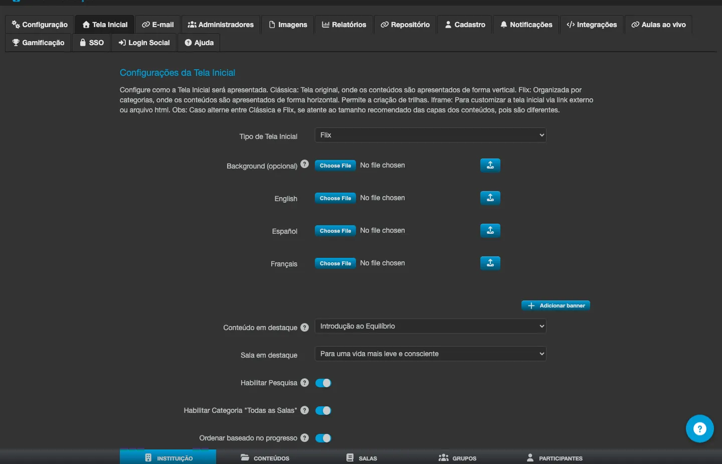 Tela Configurações da Tela Inicial, com o tipo de tela inicial, background, banner e conteúdo em destaque