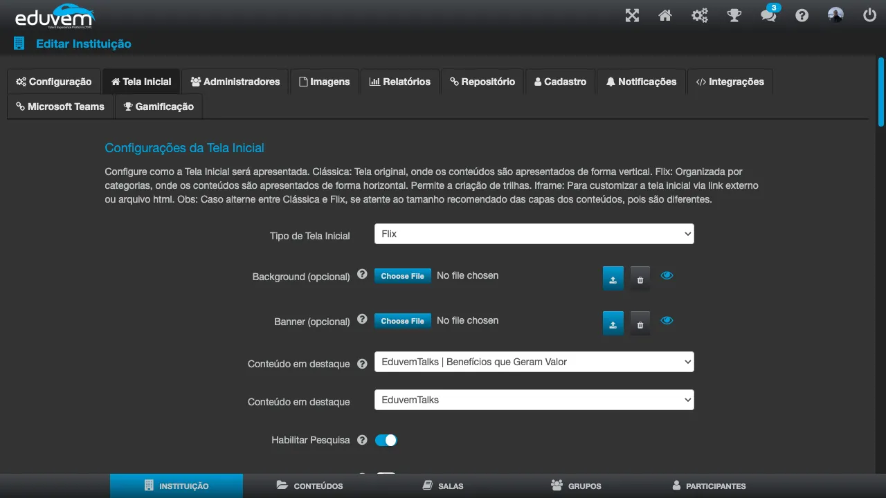 Tela Configurações da Tela Inicial, com o tipo de tela inicial, background, banner e conteúdo em destaque