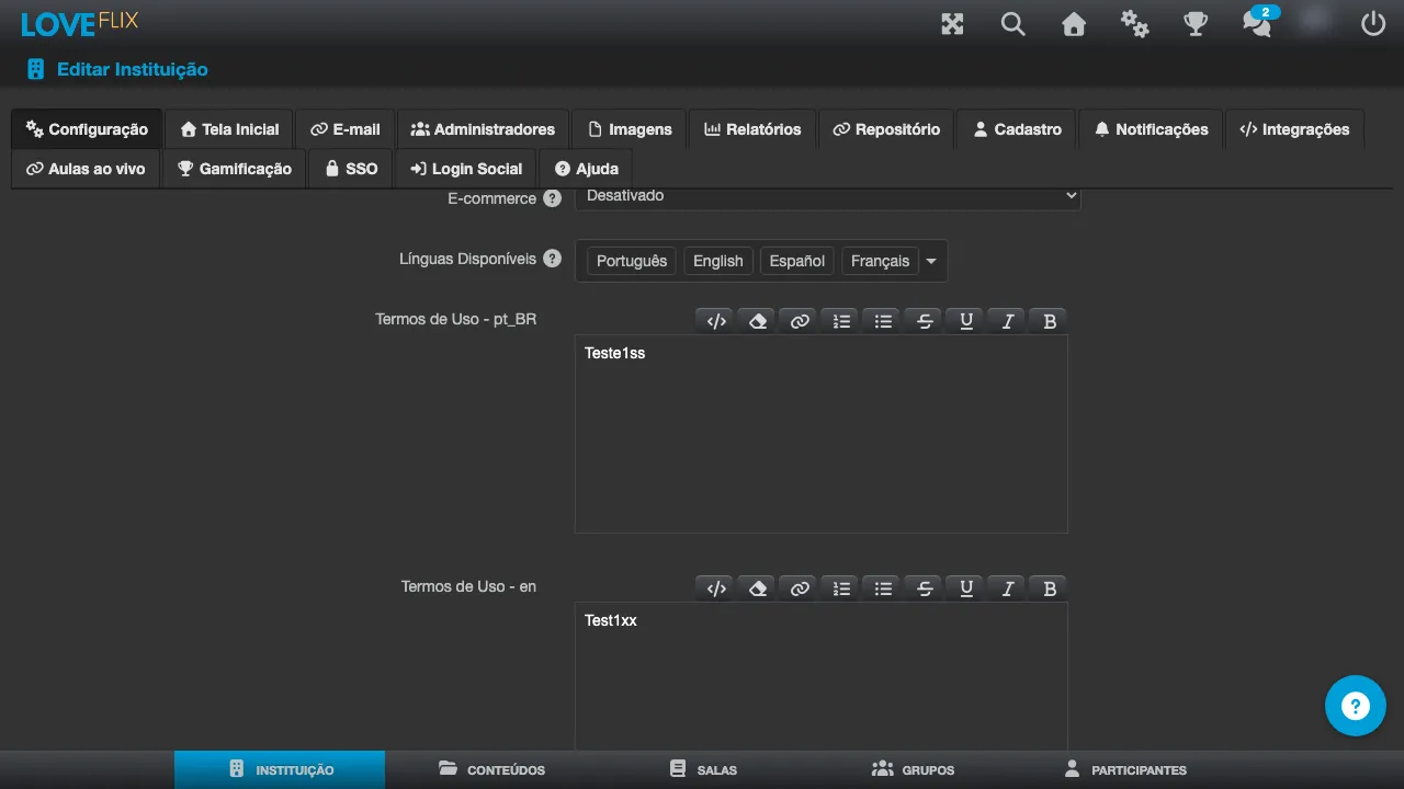 Configuração da instituição, com o campo Línguas Disponíveis e os editores de Termos de Uso por idioma