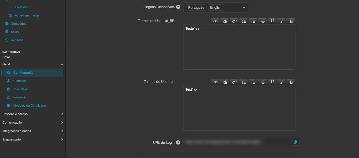 Configuración de la institución, con el campo Idiomas disponibles y los editores de Términos de uso por idioma
