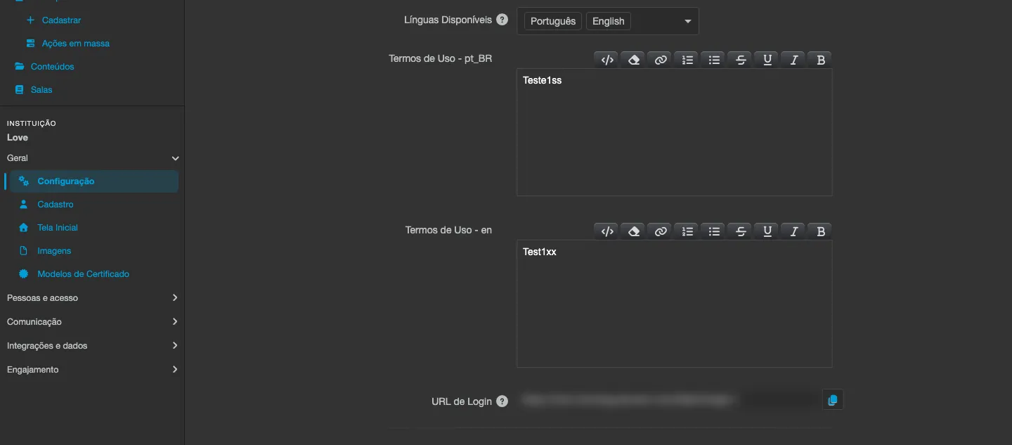 Configuração da instituição, com o campo Línguas Disponíveis e os editores de Termos de Uso por idioma