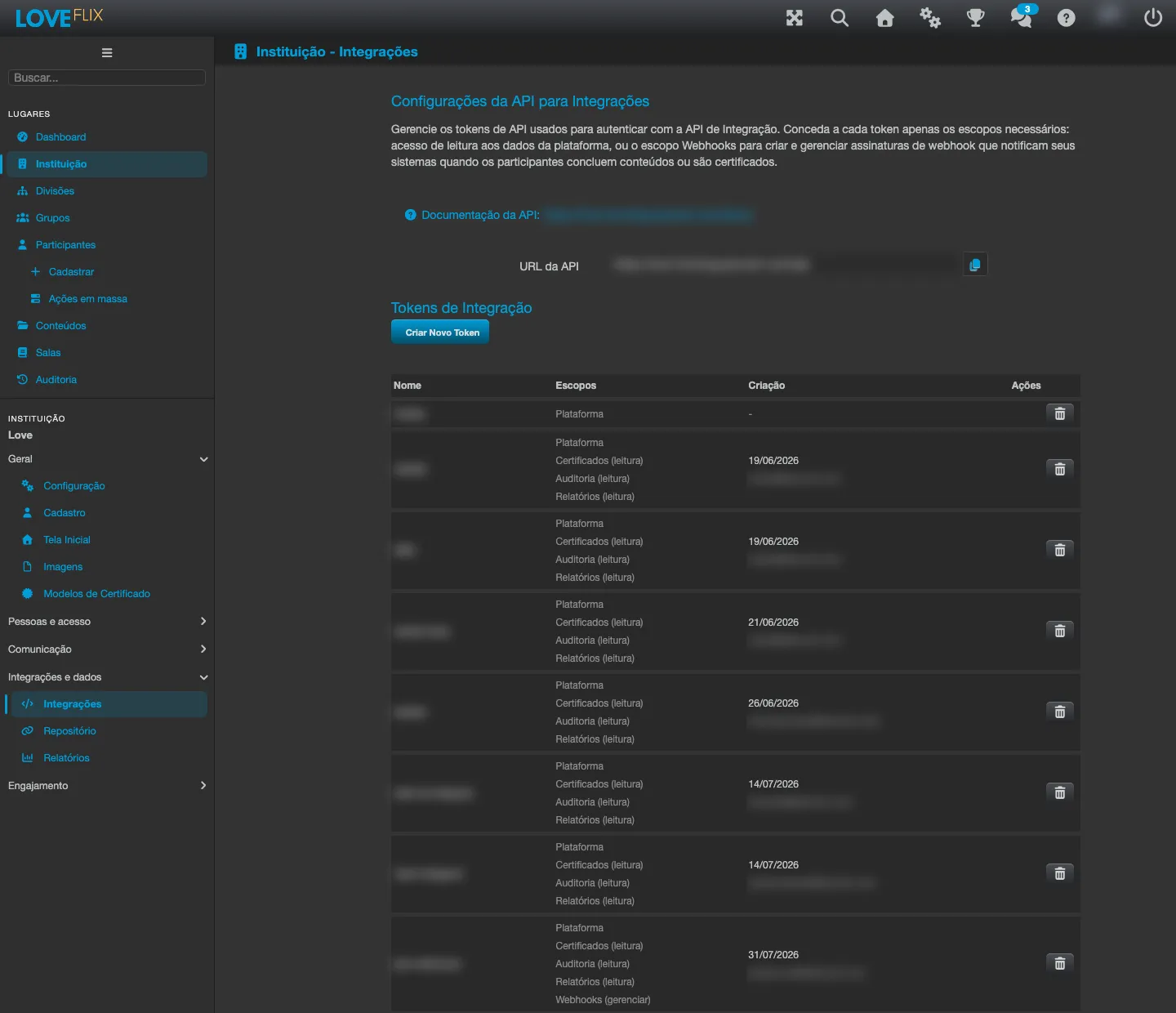 Pantalla Configuración de la API para Integraciones, con la URL de la API y la lista de tokens de integración