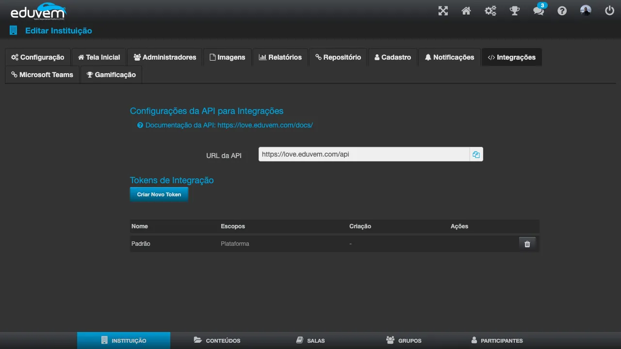 Tela Configurações da API para Integrações, com a URL da API e a lista de tokens de integração