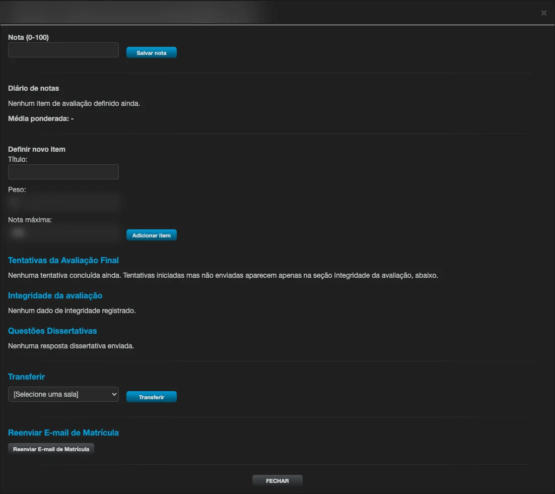 Modal Gestionar matrícula, con la sección Transferir y la lista de salas de destino