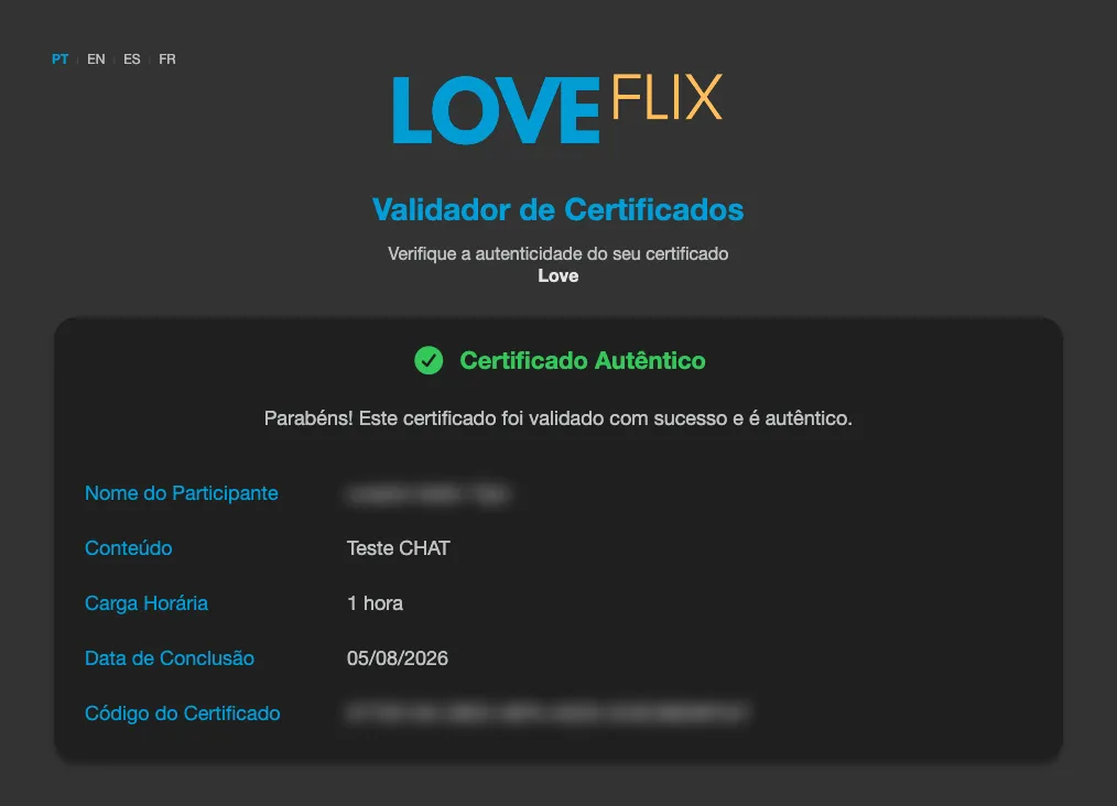 Validador de Certificados confirmando el certificado como auténtico, con contenido, carga horaria y fecha de conclusión