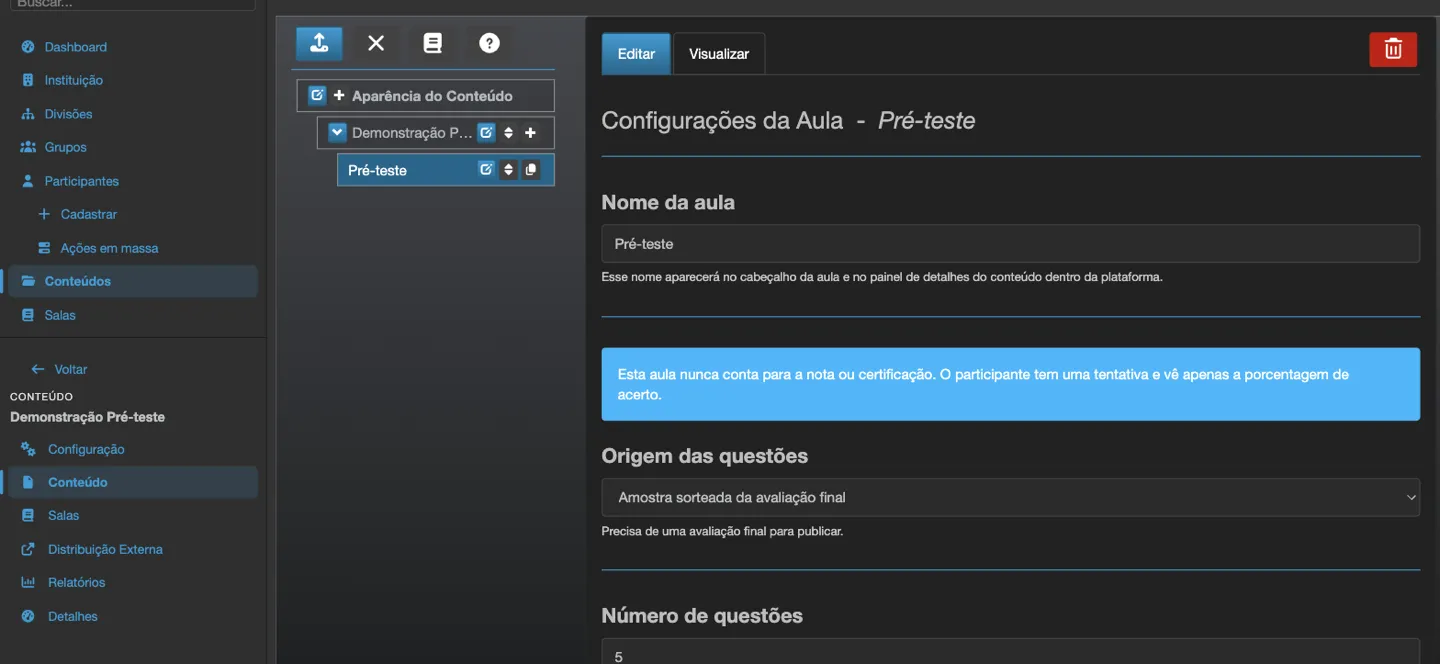 Configurações da aula Pré-teste no editor de conteúdo, com o aviso de que a aula nunca conta para a nota e o campo Origem das questões