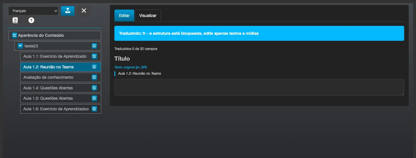 Pantalla de traducción de una clase en francés, mostrando el aviso de estructura bloqueada, el contador de campos traducidos y el bloque Texto original (pt_BR) encima de cada campo vacío para traducción